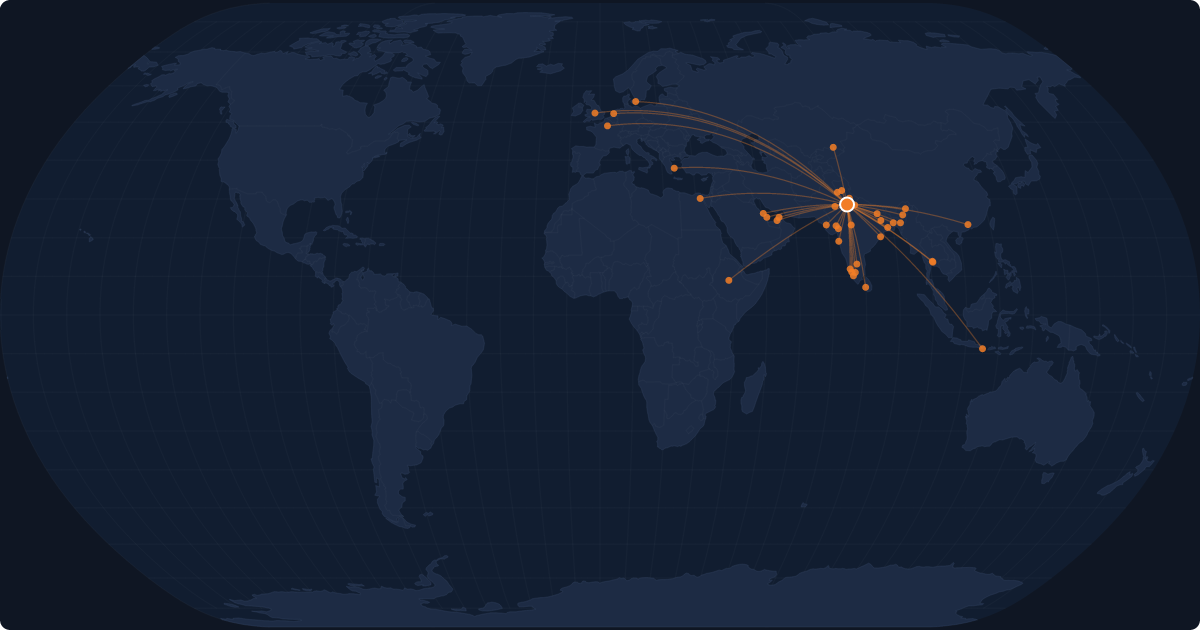 Nonstop route network at New Delhi (DEL)