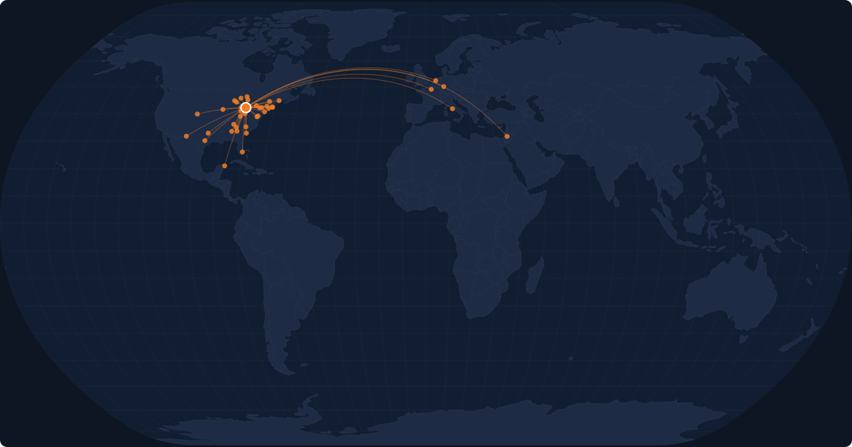 Nonstop route network at Detroit (DTW)