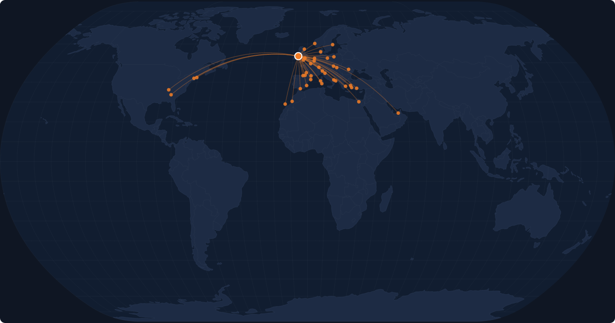 Nonstop route network at Dublin (DUB)