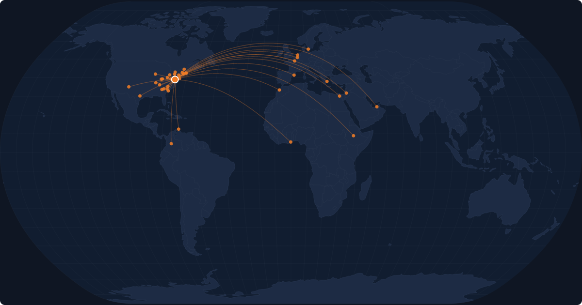 Nonstop route network at Washington (IAD)