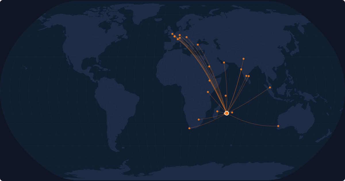 Nonstop route network at Mauritius (MRU)