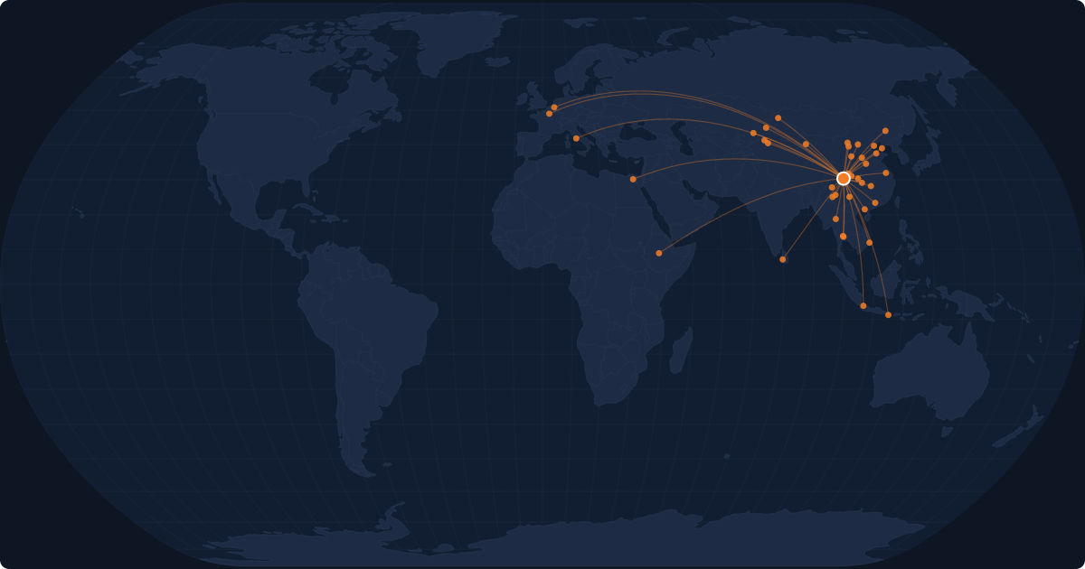 Nonstop route network at Chengdu (TFU)